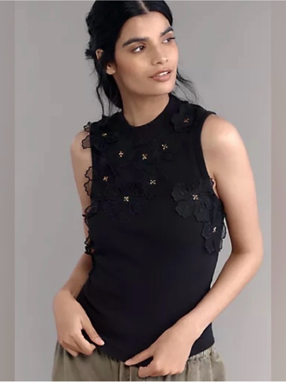 Anthropologie Black Ribbed Floral Appliqué Sleeveless Top Size M